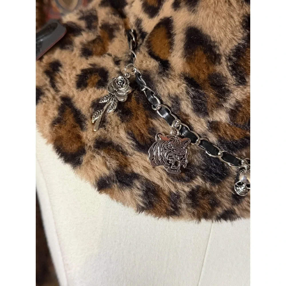 Ed Hardy Leopard Faux Fur Bucket Hat Red Heart Charm Chain Accent‎